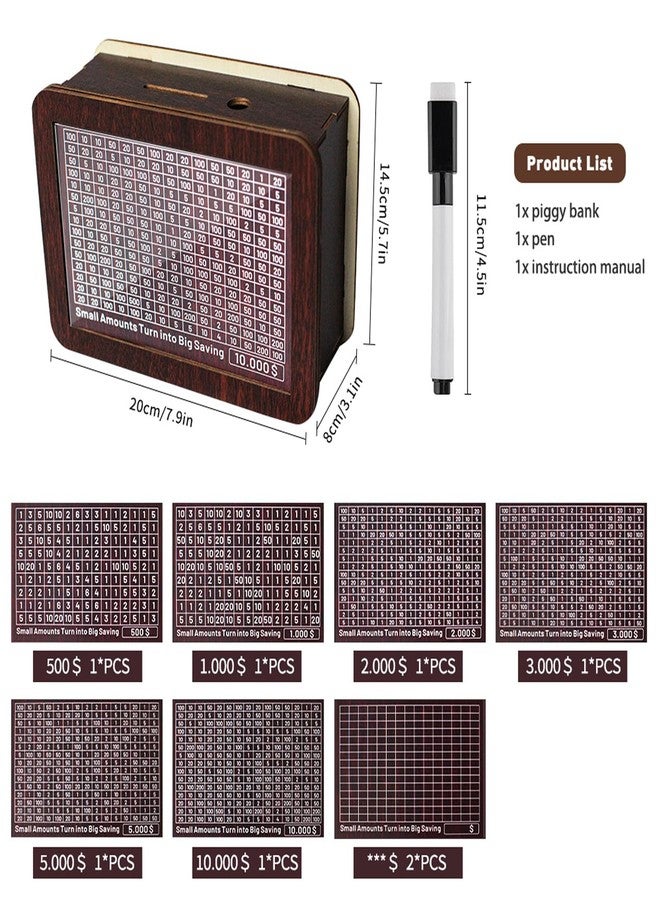 ZRW Cash Vault Wooden Savings Box,Wooden Money Saving Box,Wooden Money Box with 8 Saving Targets,Reusable Money Box with Counter, Cash Vault Bank with Dry Erase Pen/Rubber Band(Brown) - Image 5